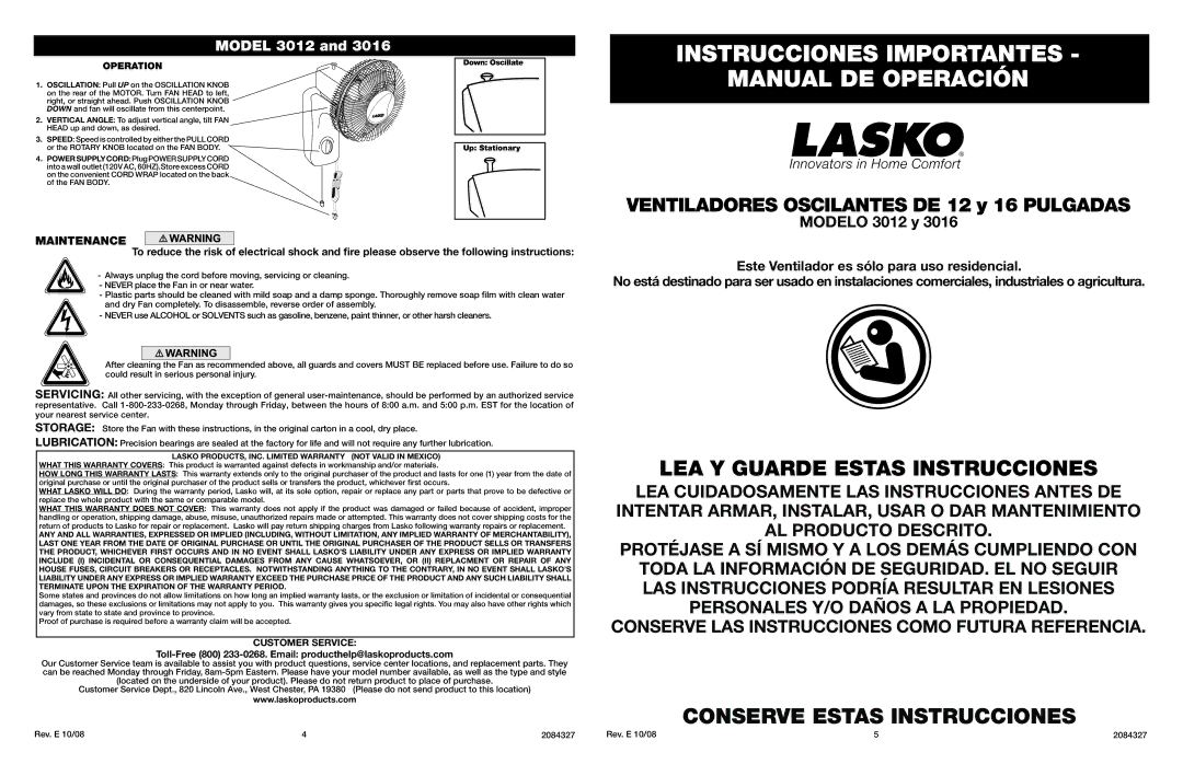 Lasko 3012, 3016 manual Instrucciones Importantes, Manual DE Operación, Maintenance, Storage 