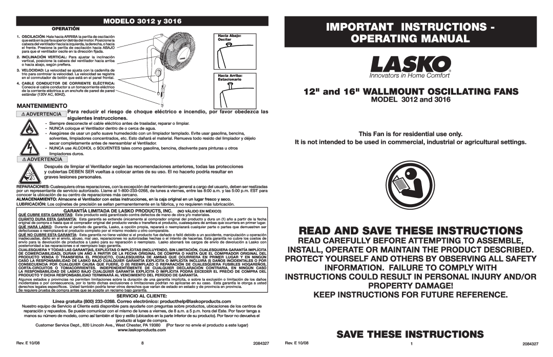 Lasko 3016 manual Important Instructions Operating Manual, Save These Instructions, and 16 WALLMOUNT OSCILLATING FANS 