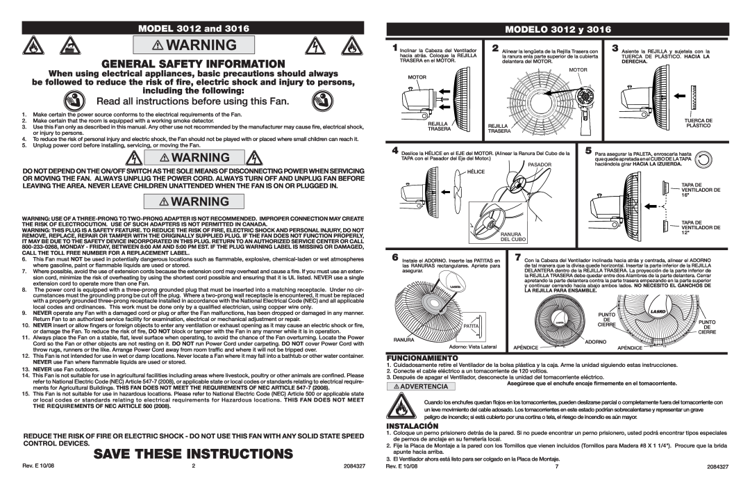 Lasko 3016 Read all instructions before using this Fan, MODELMODEL30125132and, MODELO 3012 y, including the following 