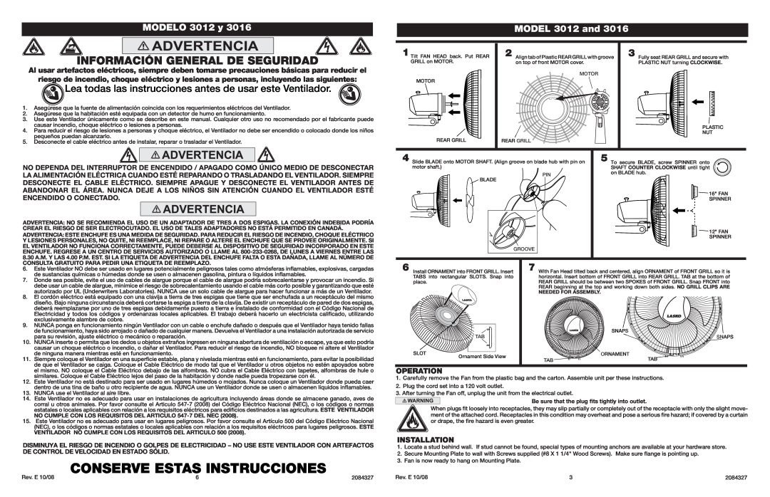 Lasko 3016 manual Conserve Estas Instrucciones, Lea todas las instrucciones antes de usar este Ventilador, MODELO 3012 y 