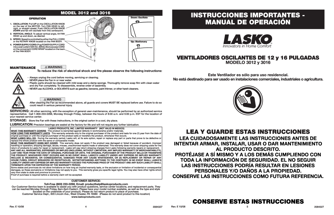 Lasko 3012 Instrucciones Importantes, Manual De Operación, Lea Y Guarde Estas Instrucciones, Conserve Estas Instrucciones 
