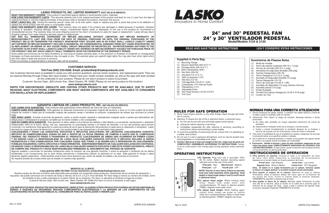 Lasko 3124 & 3130 warranty Rules for Safe Operation, Operating Instructions, Normas Para UNA Correcta Utilizacion 