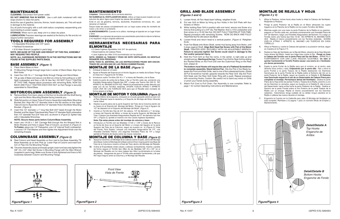 Lasko 3124, 3130 warranty Maintenance, Tools Required for Assembly, Mantenimiento, Herramientas Necesarias Para Elmontaje 