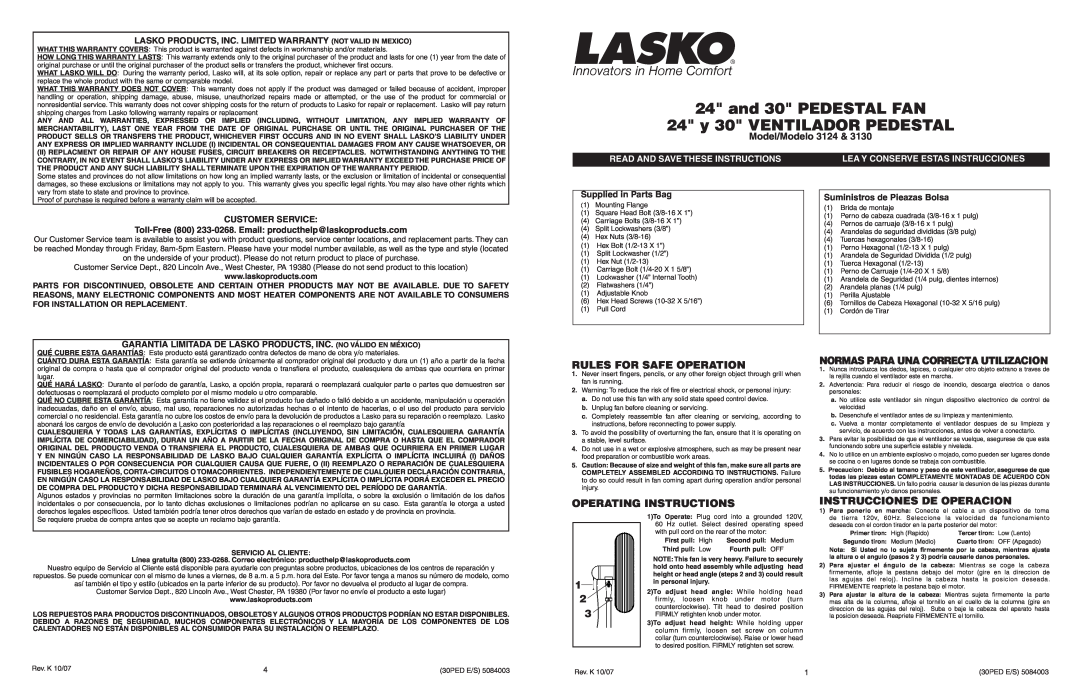 Lasko 3124 & 3130 warranty and 30 PEDESTAL FAN 24 y 30 VENTILADOR PEDESTAL, Model/Modelo 3124, Customer Service 