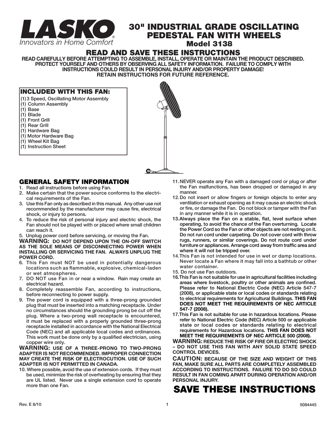 Lasko 3138 instruction sheet Included with this FAN, General Safety Information 