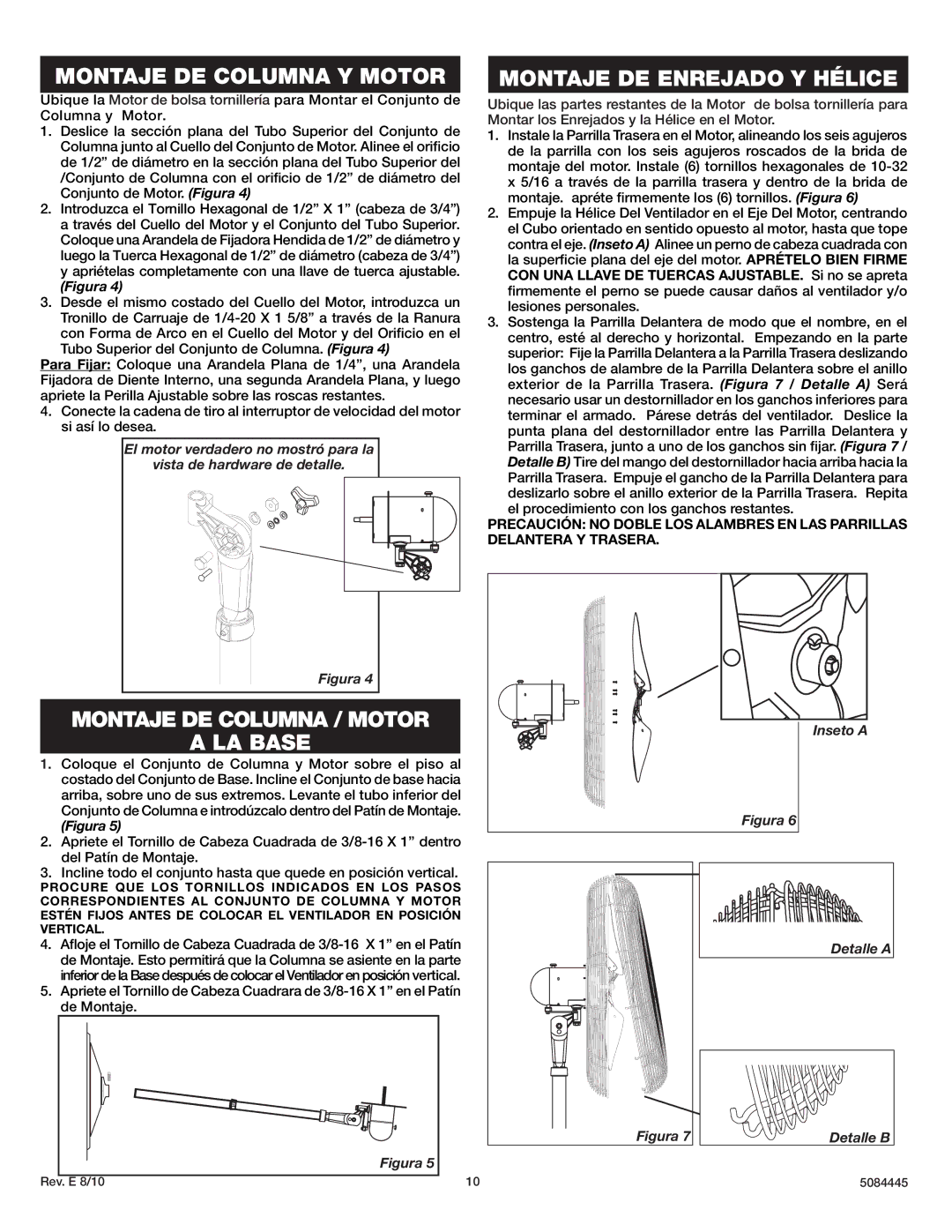 Lasko 3138 instruction sheet Montaje DE Columna Y Motor 