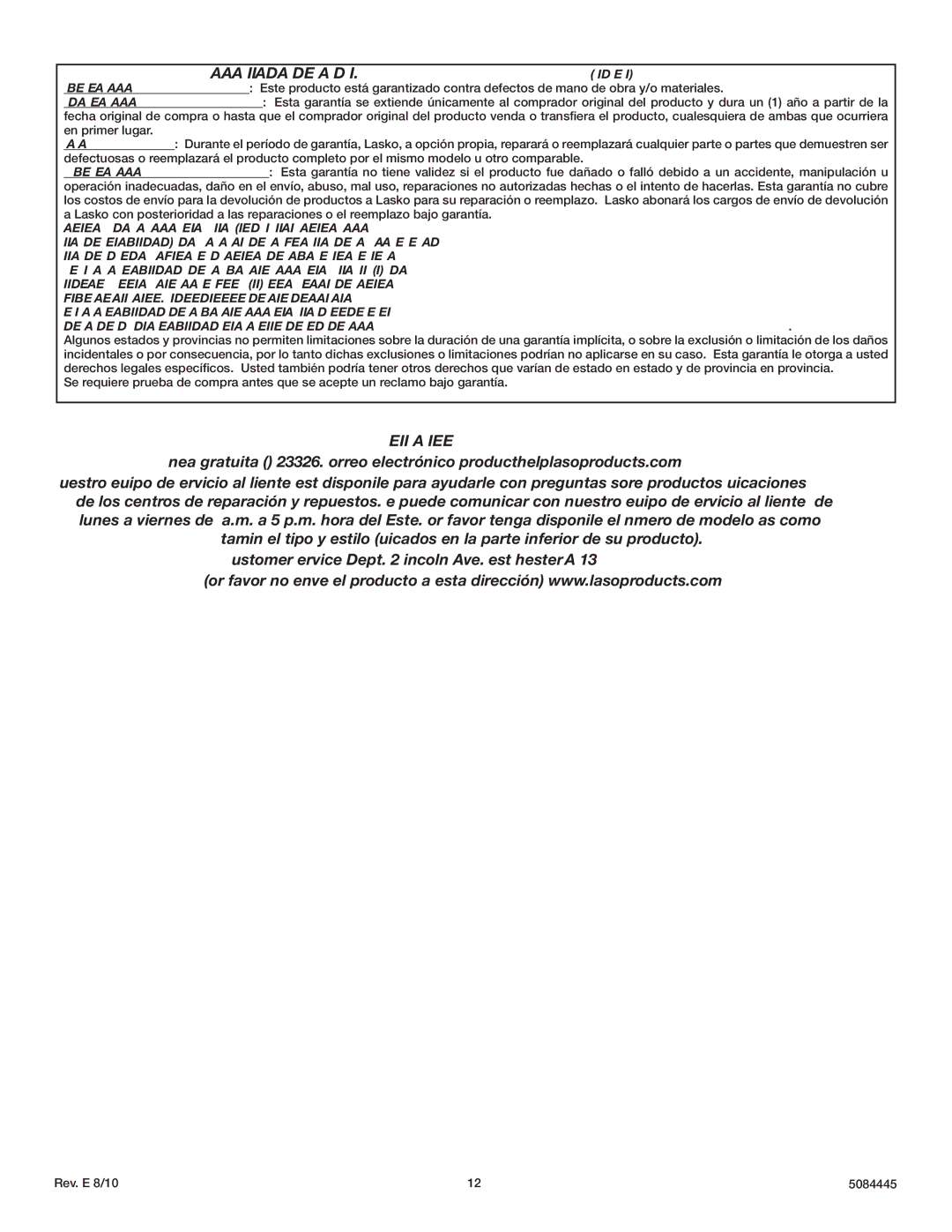 Lasko 3138 instruction sheet Servicio AL Cliente 