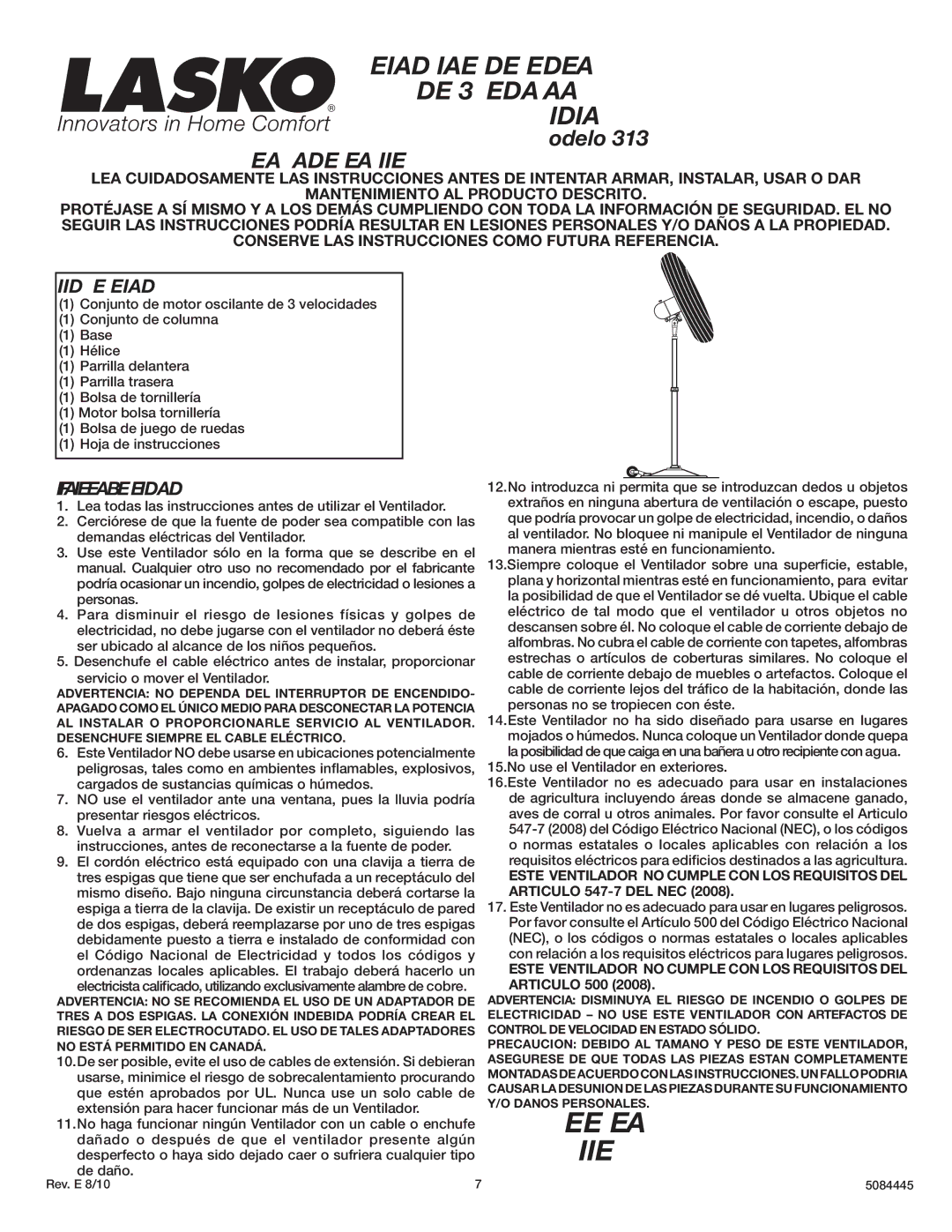 Lasko 3138 instruction sheet Incluido CON EL Ventilador, Información General Sobre Seguridad 