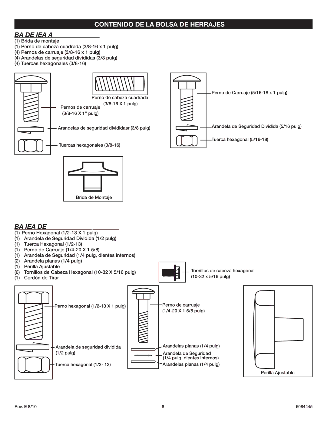 Lasko 3138 instruction sheet Contenido DE LA Bolsa DE Herrajes, Bolsa DE Tornillería a Bolsa DE Tornillería D 