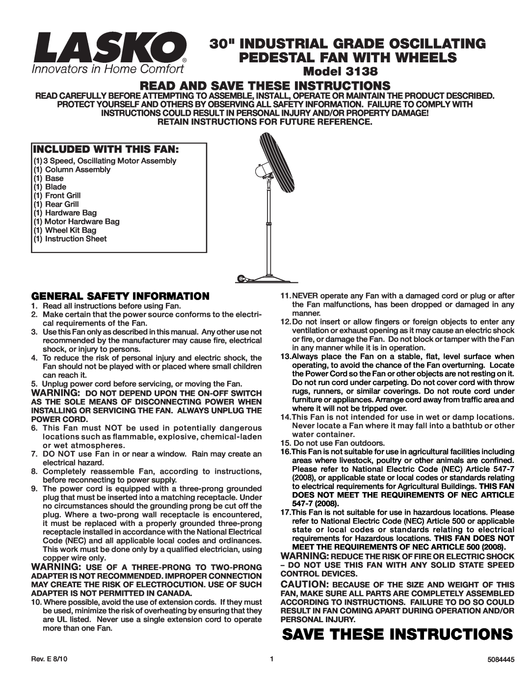 Lasko 3138 instruction sheet Save These Instructions, Industrial Grade Oscillating Pedestal Fan With Wheels 