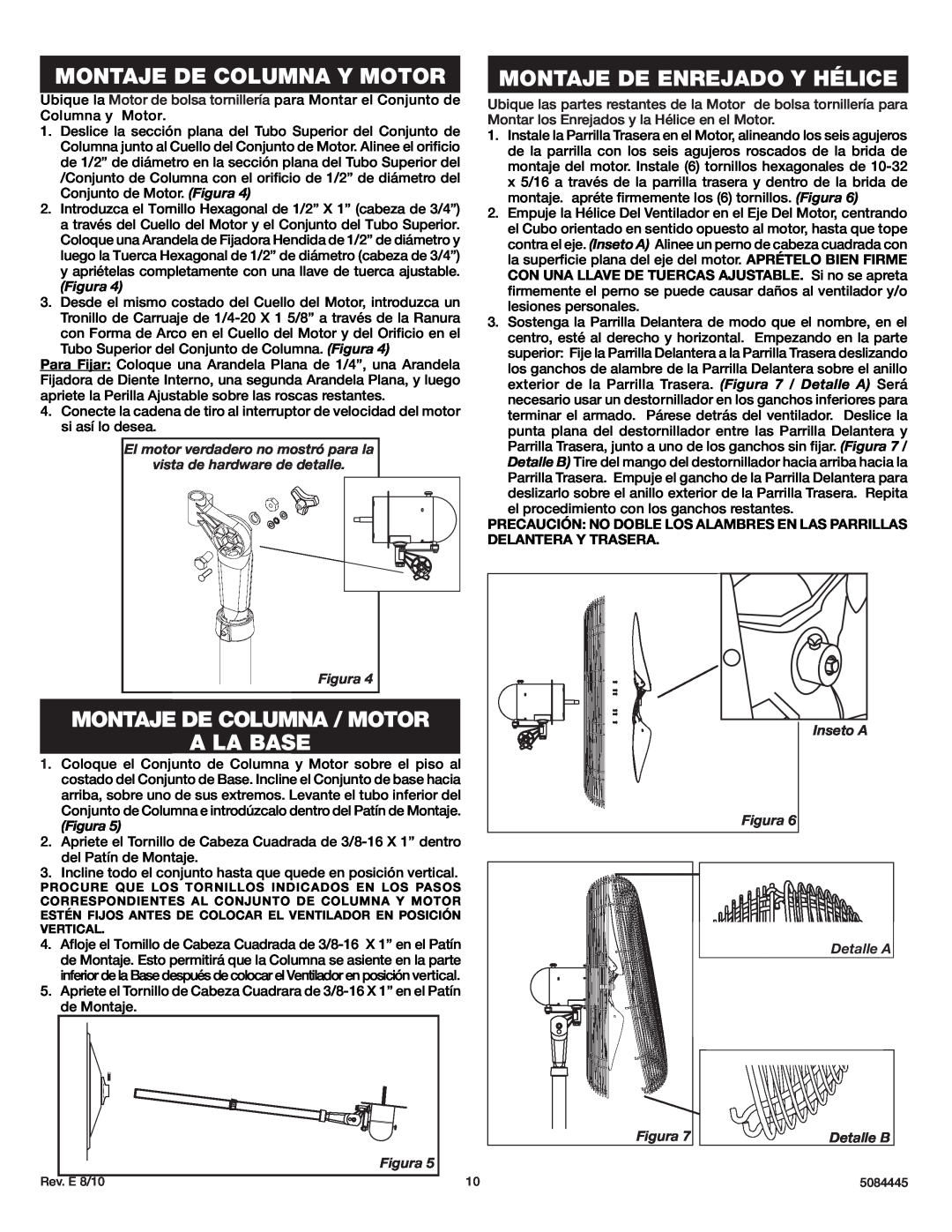 Lasko 3138 instruction sheet Montaje De Columna Y Motor, Montaje De Columna / Motor A La Base, Montaje De Enrejado Y Hélice 