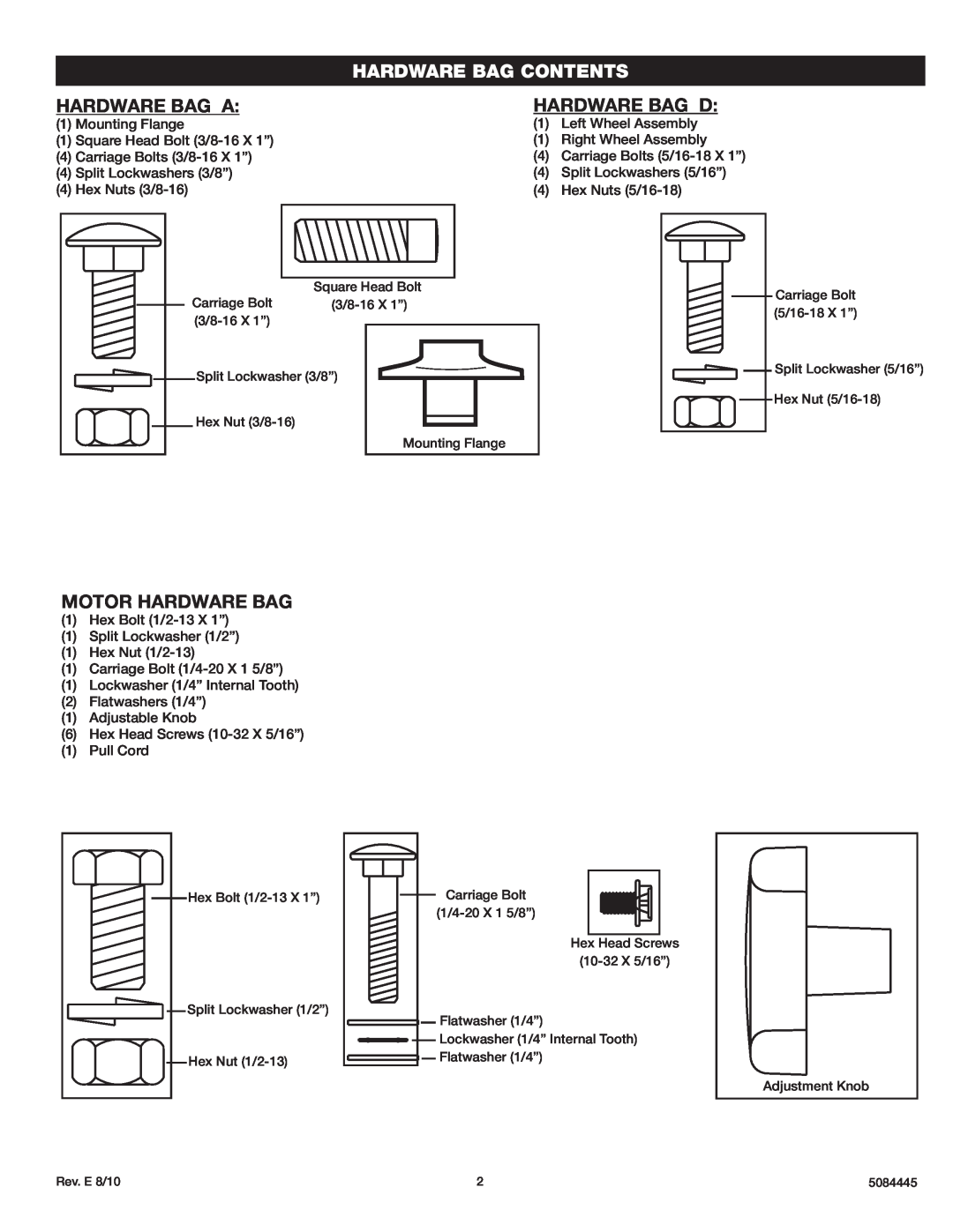 Lasko 3138 instruction sheet Hardware Bag Contents, Hardware Bag A, Hardware Bag D, Motor Hardware Bag 