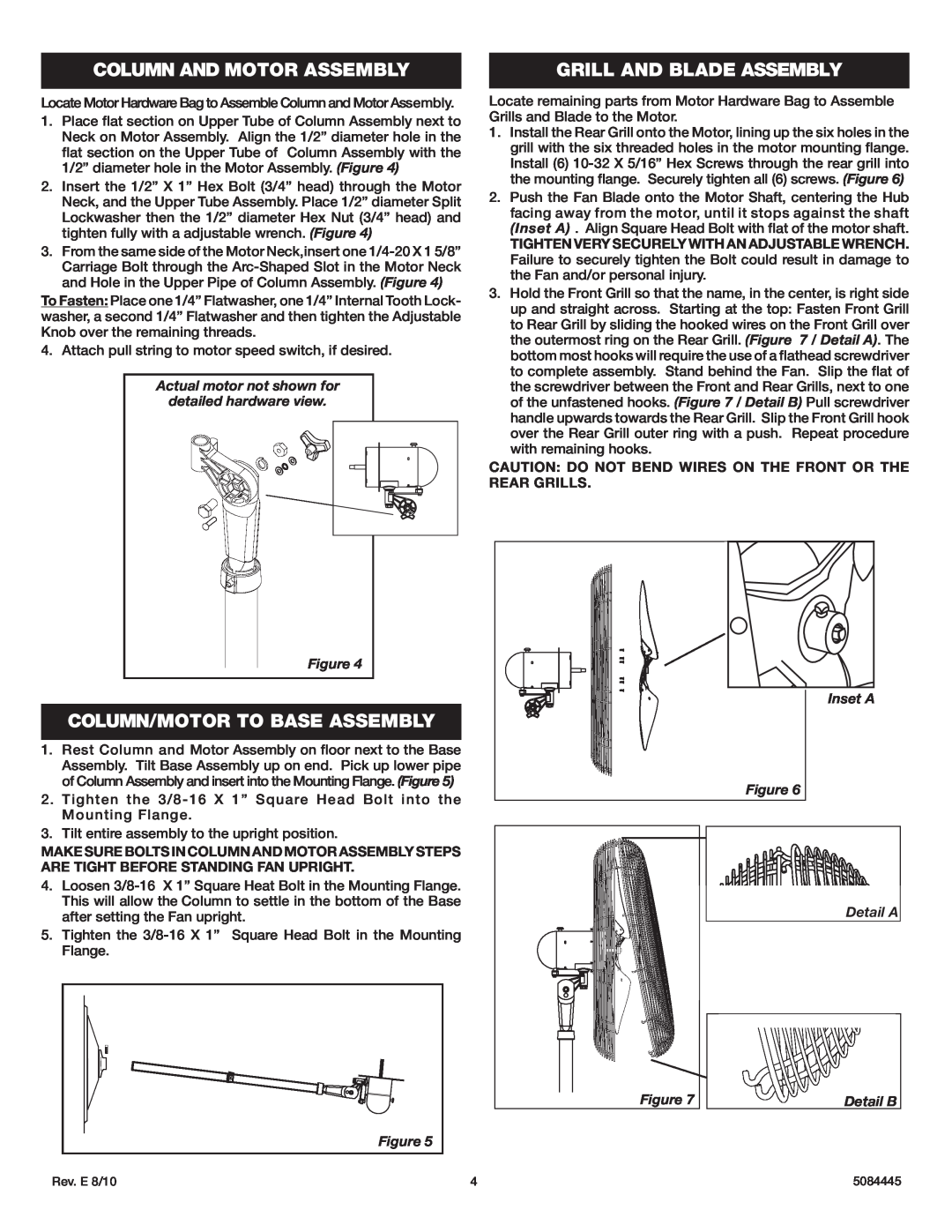 Lasko 3138 instruction sheet Column And Motor Assembly, Column/Motor To Base Assembly, Grill And Blade Assembly 