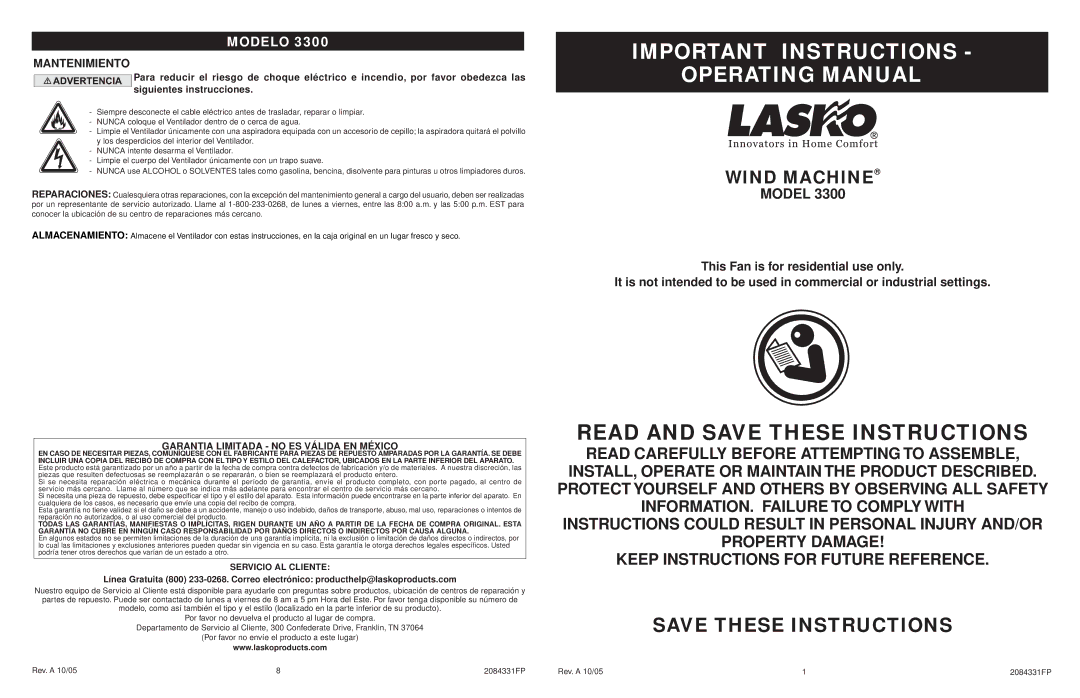 Lasko 3300 manual Important Instructions Operating Manual, Servicio AL Cliente 