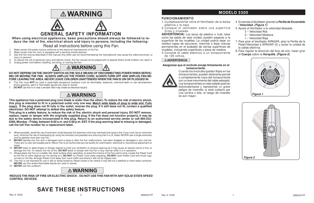 Lasko 3300 manual General Safety Information, Funcionamiento 