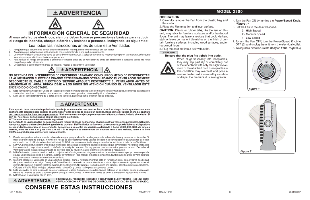 Lasko 3300 manual Información General DE Seguridad, Operation 