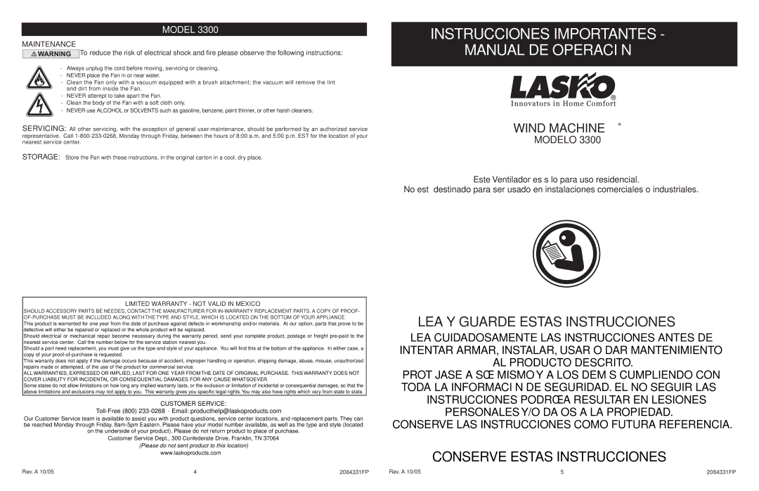 Lasko 3300 manual Instrucciones Importantes Manual DE Operación, Maintenance, Limited Warranty not Valid in Mexico 