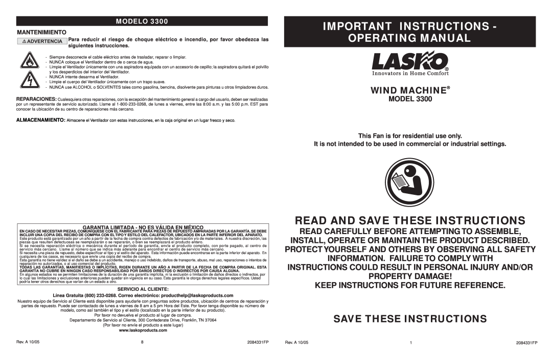 Lasko 3300 manual Important Instructions Operating Manual, Save These Instructions, Wind Machine, Modelo 