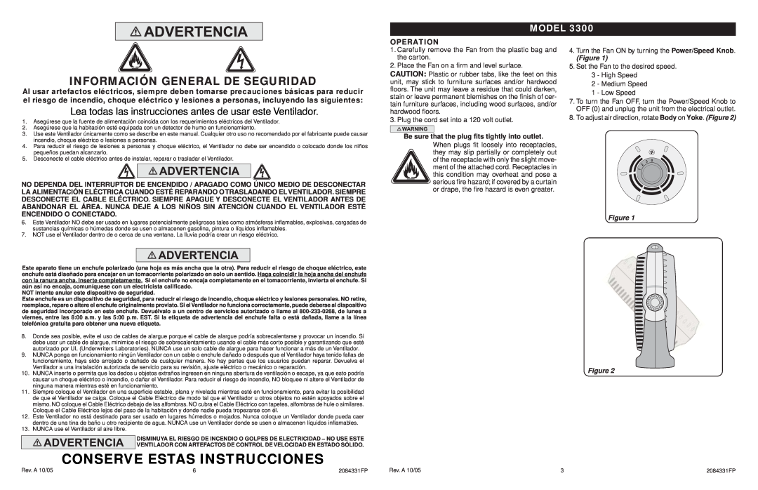 Lasko 3300 manual Conserve Estas Instrucciones, Información General De Seguridad, Model, Operation 