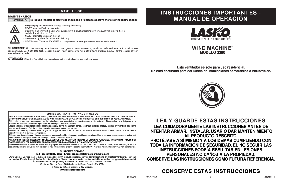 Lasko 3300 manual Instrucciones Importantes Manual De Operación, Lea Y Guarde Estas Instrucciones, Modelo, Maintenance 