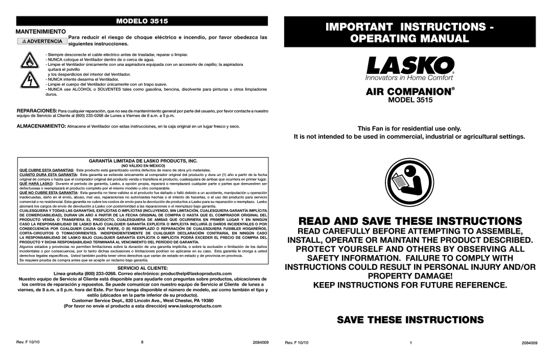 Lasko 3515 manual Important Instructions Operating Manual, AIR Companion, Garantía Limitada DE Lasko PRODUCTS, INC 