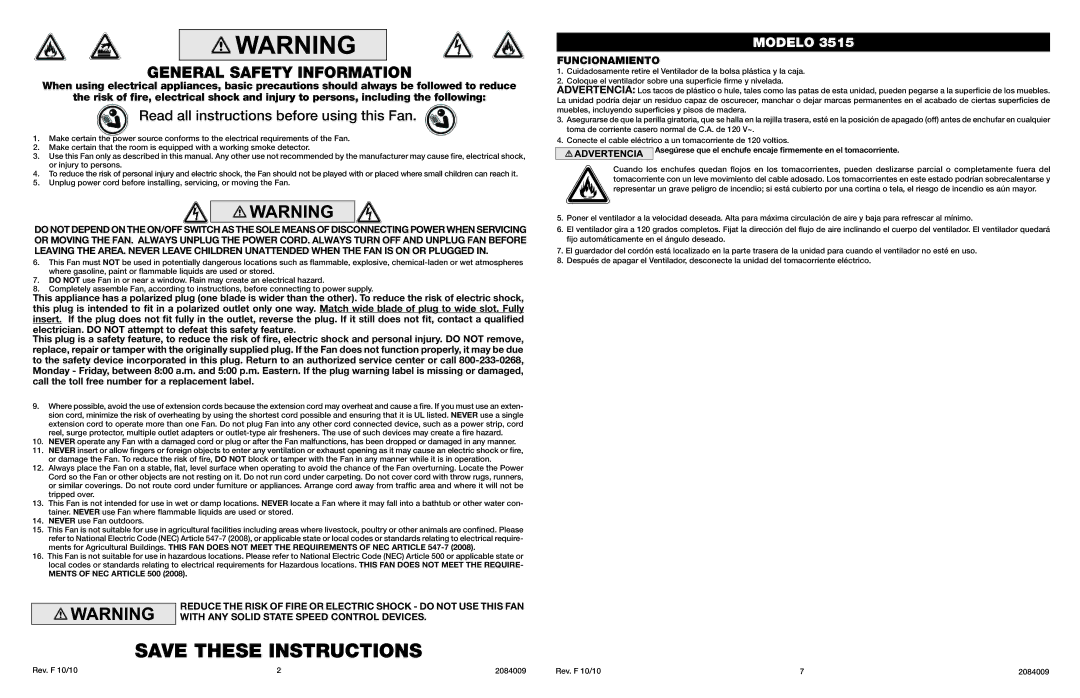 Lasko 3515 manual General Safety Information, Read all instructions before using this Fan, Funcionamiento 