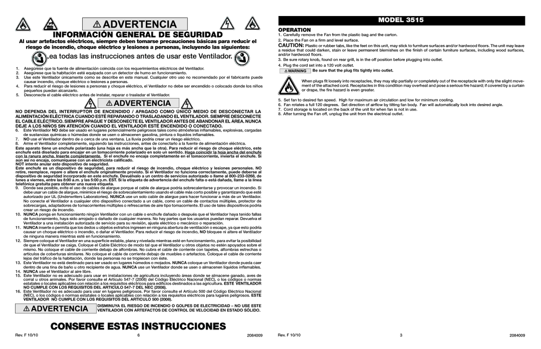 Lasko 3515 manual Conserve Estas Instrucciones, Información General DE Seguridad, Operation 