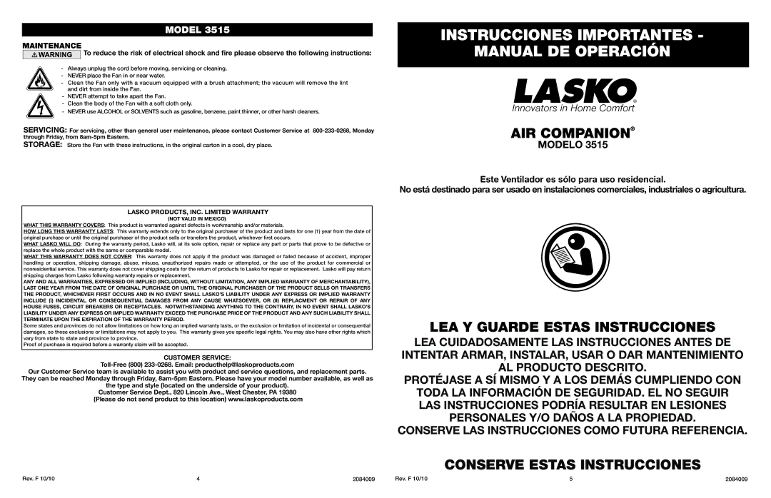 Lasko 3515 Instrucciones Importantes Manual DE Operación, LEA Y Guarde Estas Instrucciones, Maintenance, Customer Service 