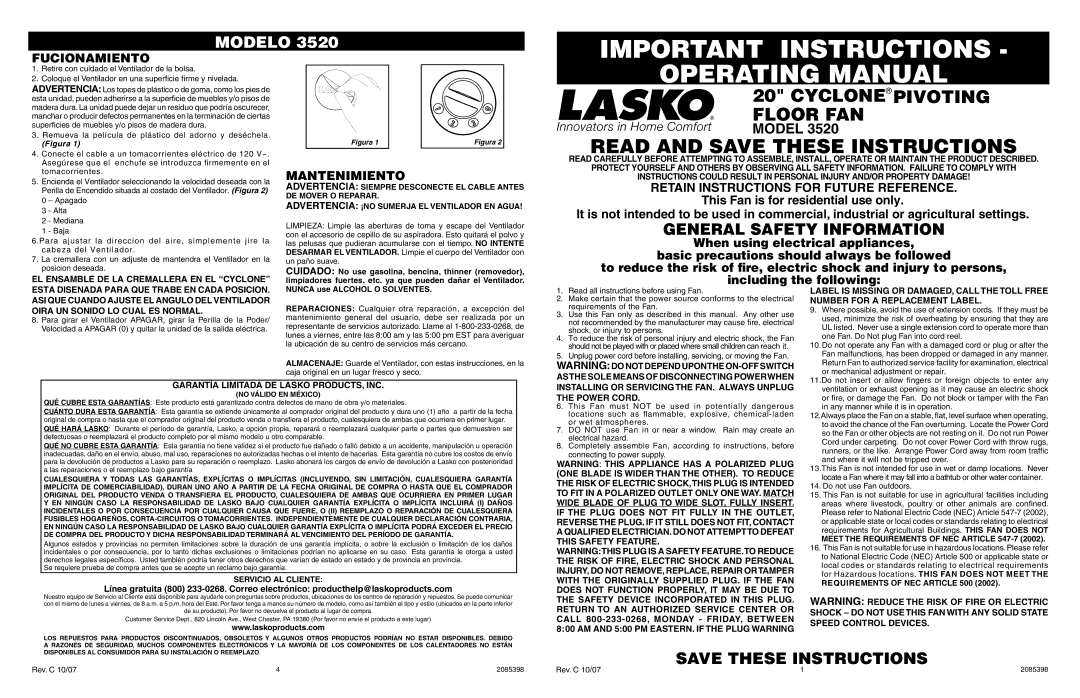 Lasko 3520 manual Fucionamiento, Mantenimiento, Retain Instructions for Future Reference 