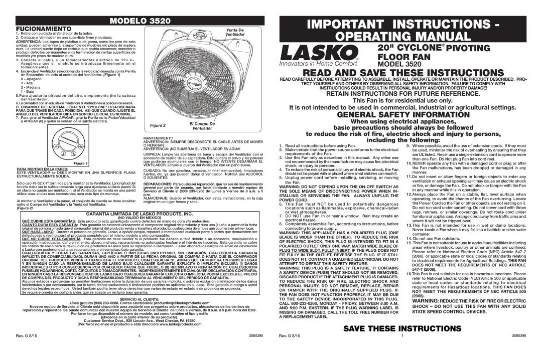 Lasko 3520 manual Important Instructions Operating Manual, Fucionamiento, Retain Instructions for Future Reference 