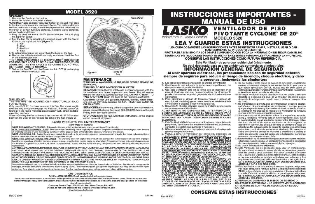 Lasko 3520 manual Instrucciones Importantes, Manual DE USO, Maintenance 