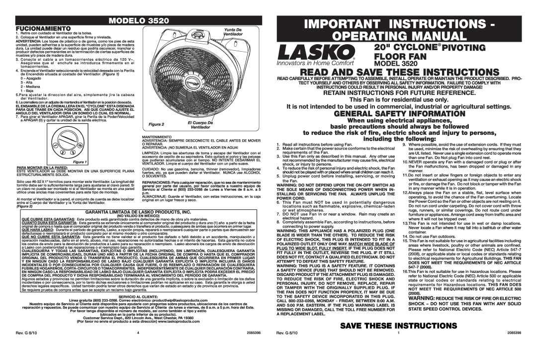 Lasko 3520 manual Important Instructions Operating Manual, Read And Save These Instructions, Cyclone Pivoting Floor Fan 