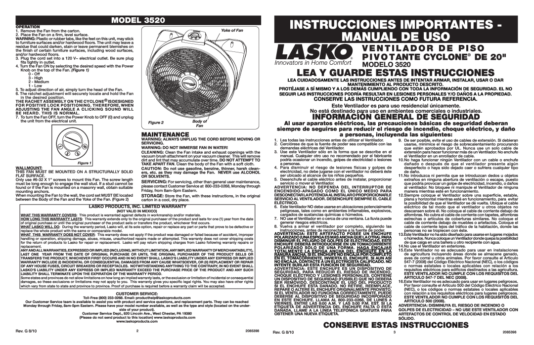 Lasko 3520 Instrucciones Importantes, Manual De Uso, Lea Y Guarde Estas Instrucciones, Model, Conserve Estas Instrucciones 