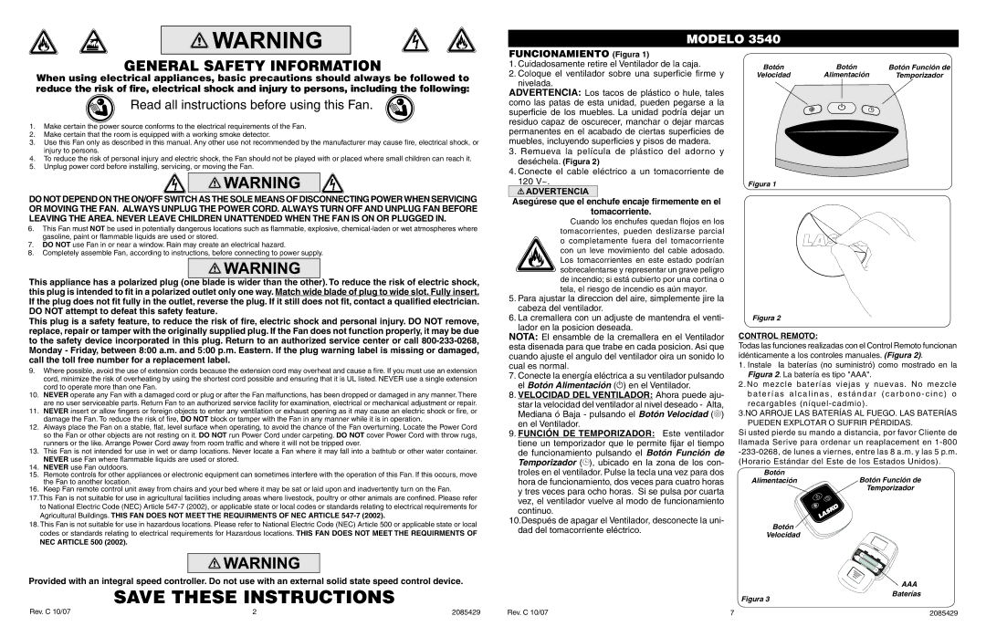 Lasko 3540 manual General Safety Information, Control Remoto 