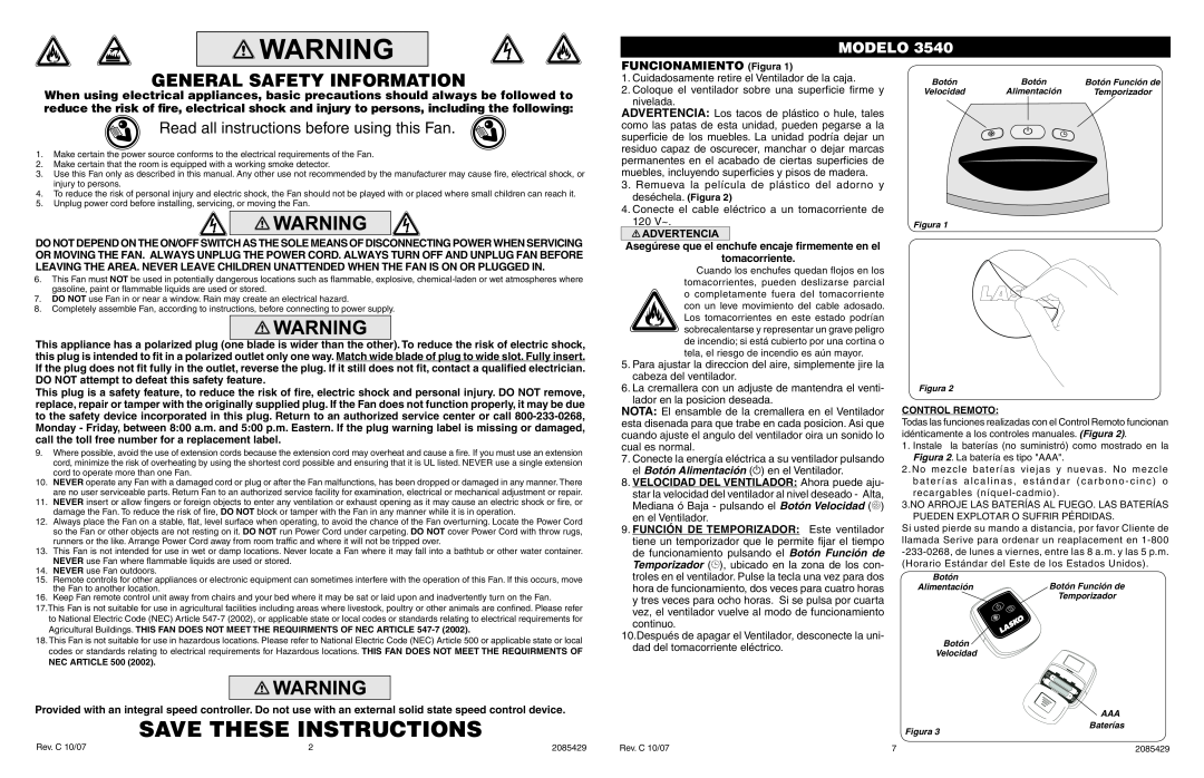 Lasko 3540 manual Save These Instructions, General Safety Information, Read all instructions before using this Fan, Modelo 