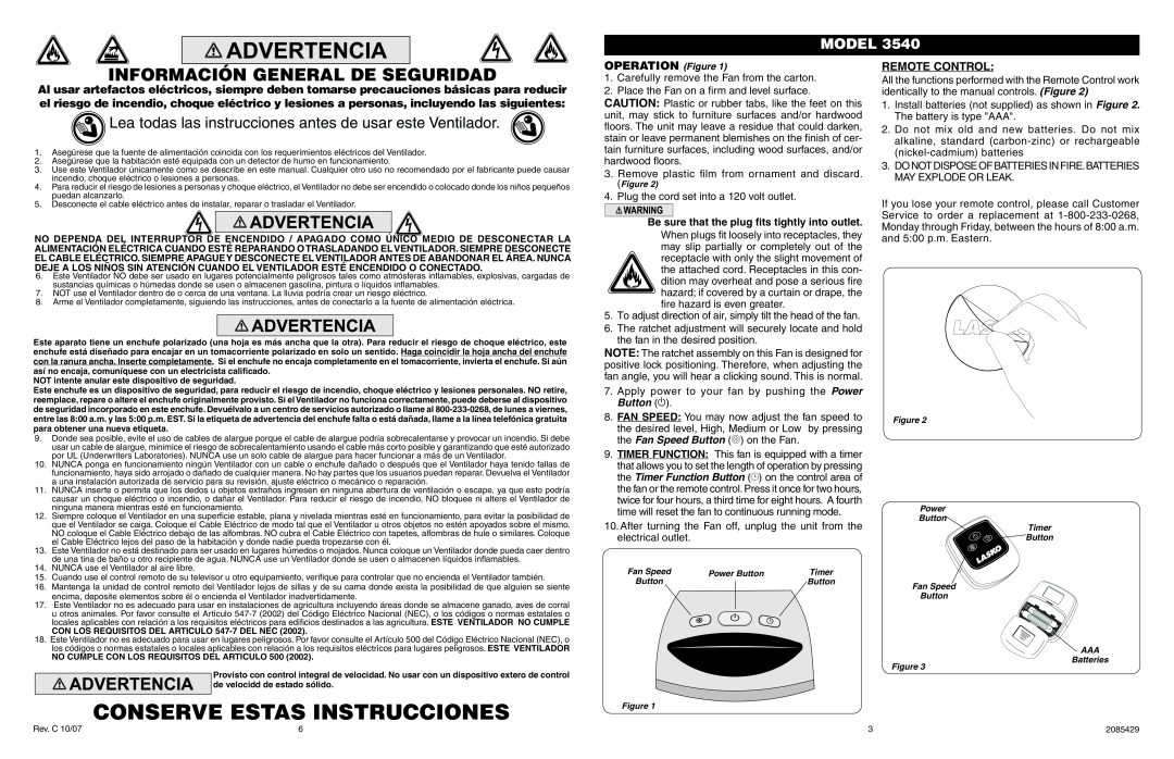 Lasko 3540 Conserve Estas Instrucciones, Lea todas las instrucciones antes de usar este Ventilador, Model, Remote Control 