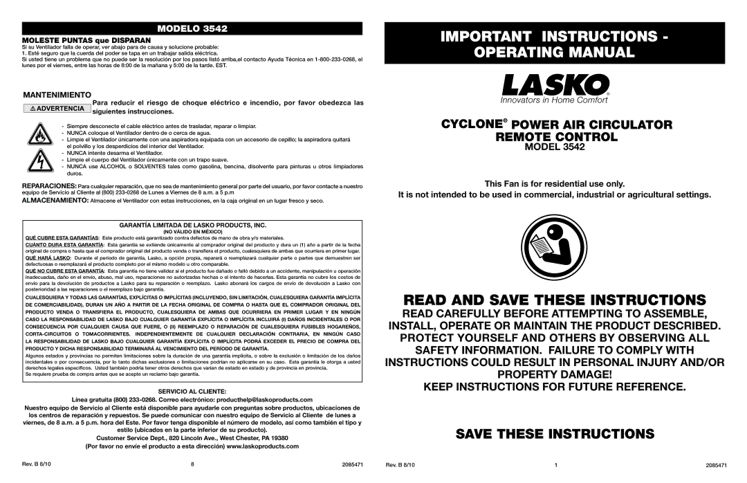 Lasko 3542 manual Garantía Limitada DE Lasko PRODUCTS, INC, Servicio AL Cliente 