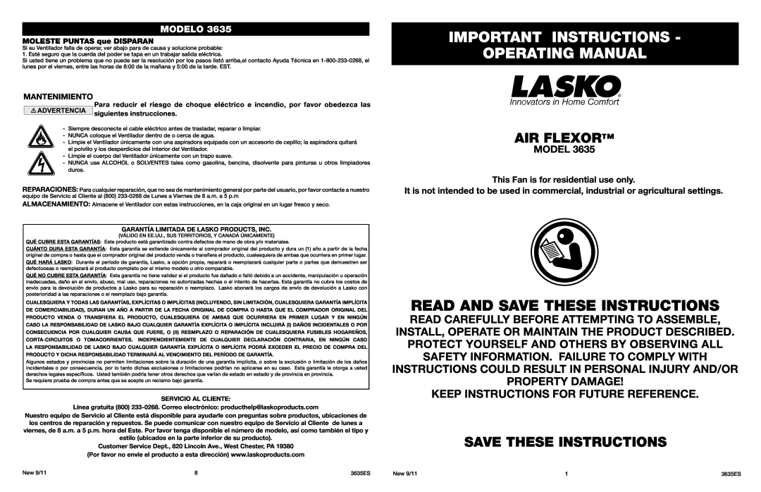 Lasko 3635 manual Important Instructions Operating Manual, Air Flexor, Save These Instructions, Modelo, Mantenimiento 