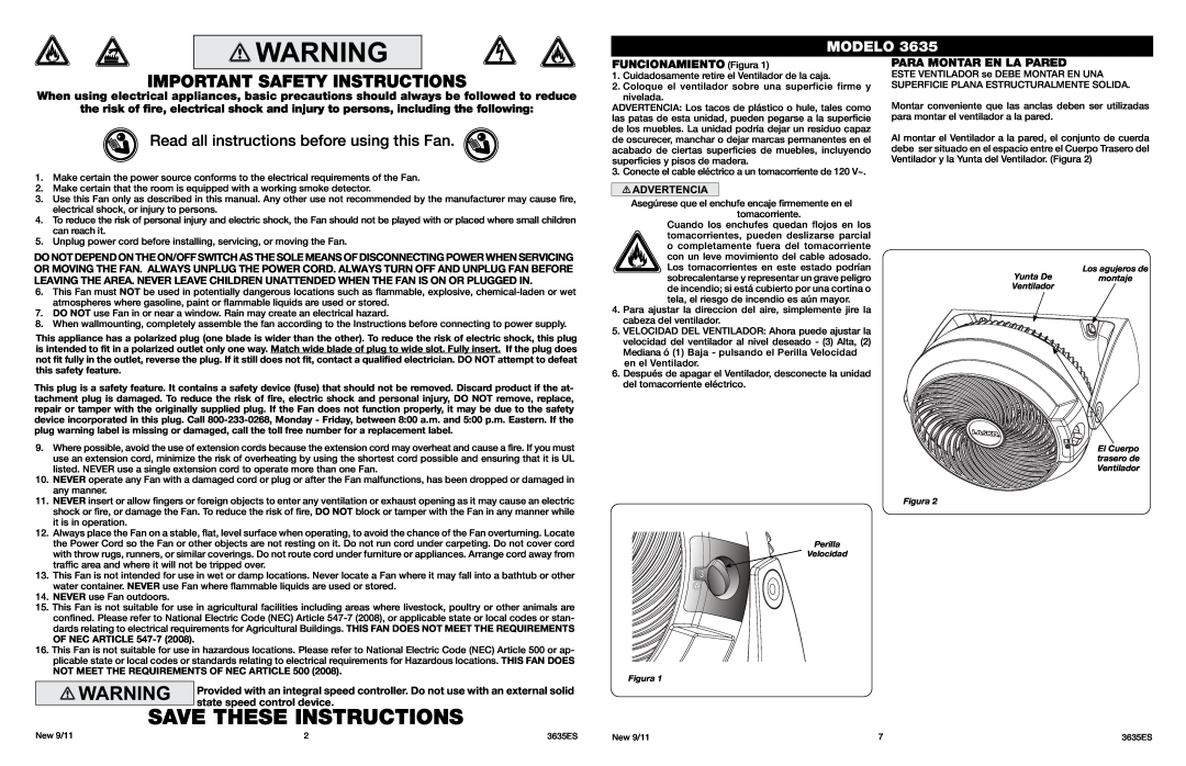 Lasko 3635 manual Save These Instructions, Read all instructions before using this Fan, Modelo, FUNCIONAMIENTO Figura 