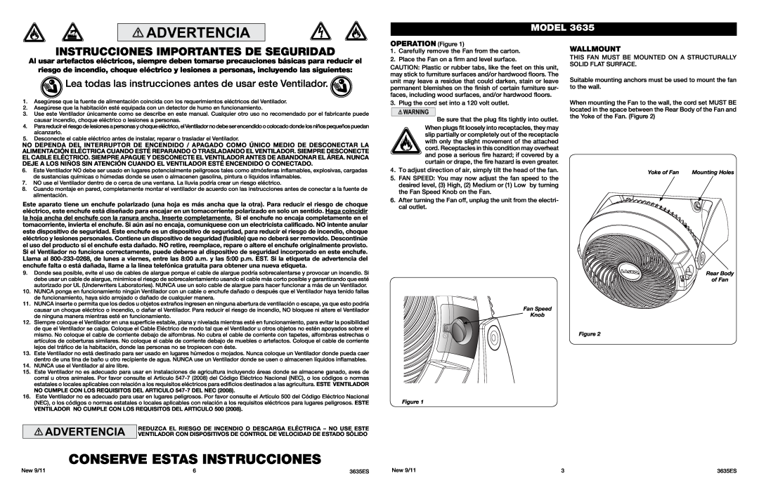 Lasko 3635 manual Conserve Estas Instrucciones, Lea todas las instrucciones antes de usar este Ventilador, Model, Wallmount 