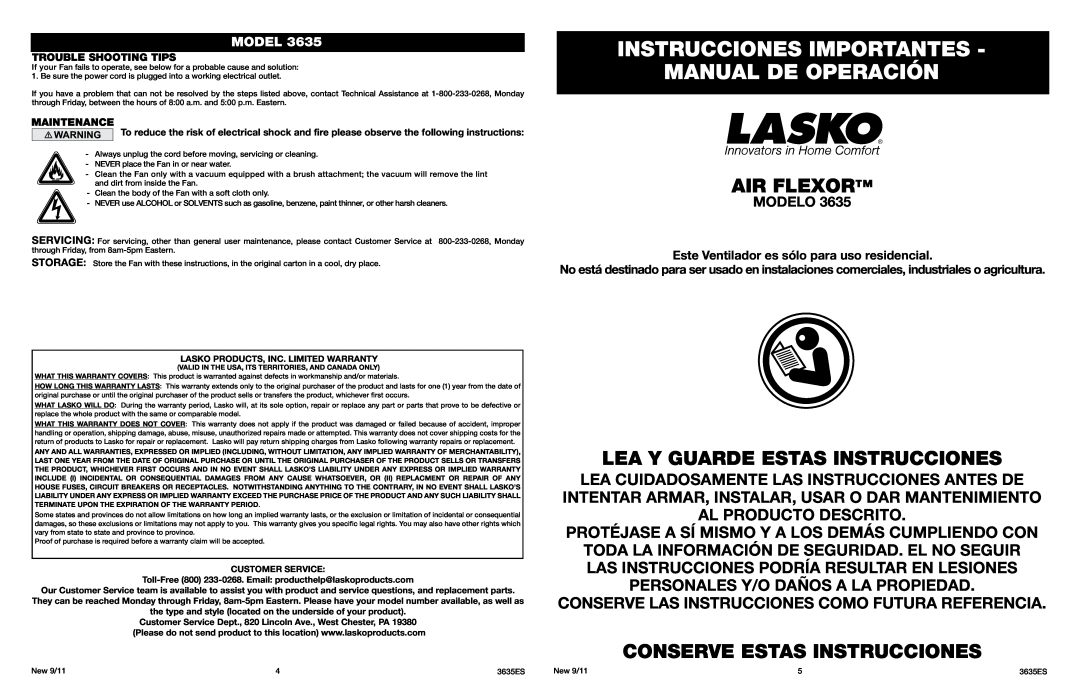 Lasko 3635 manual Instrucciones Importantes Manual De Operación, Air Flexor, Lea Y Guarde Estas Instrucciones 
