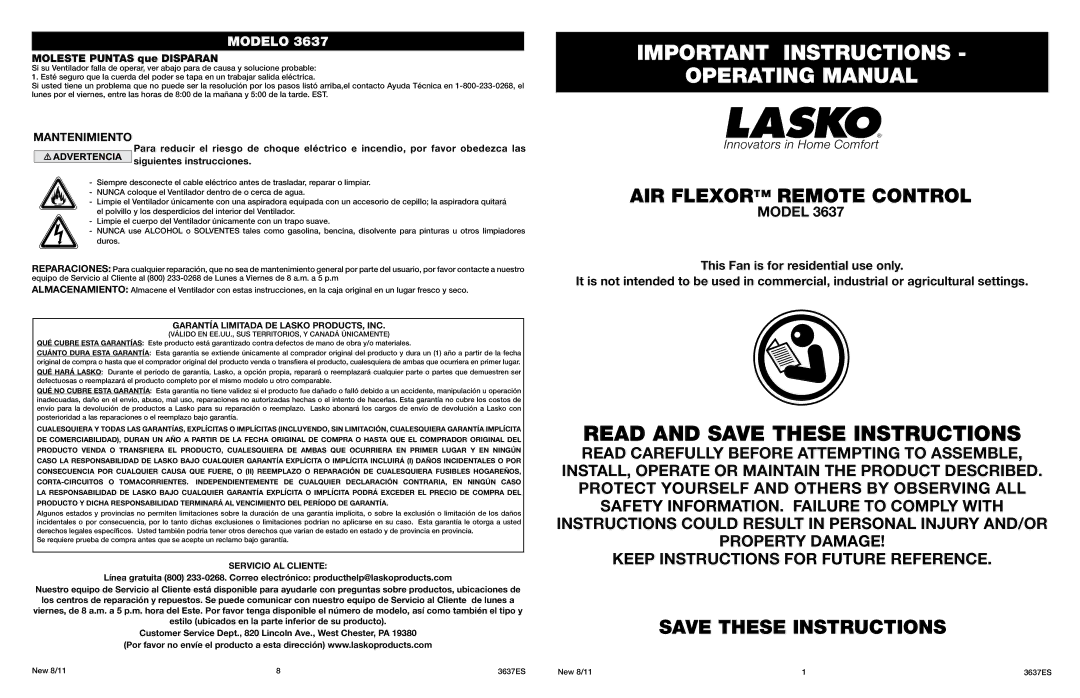 Lasko 3637 manual Garantía Limitada DE Lasko PRODUCTS, INC, Servicio AL Cliente 