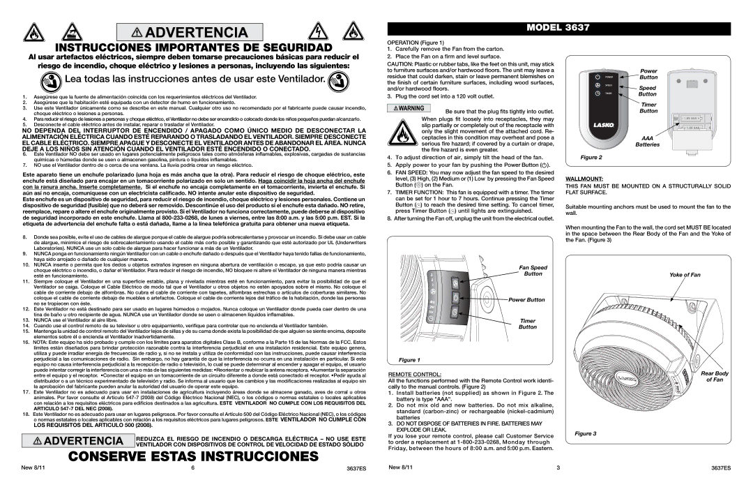 Lasko 3637 manual Batteries, Fan Speed Button Power Button Timer, Yoke of Fan Rear Body 