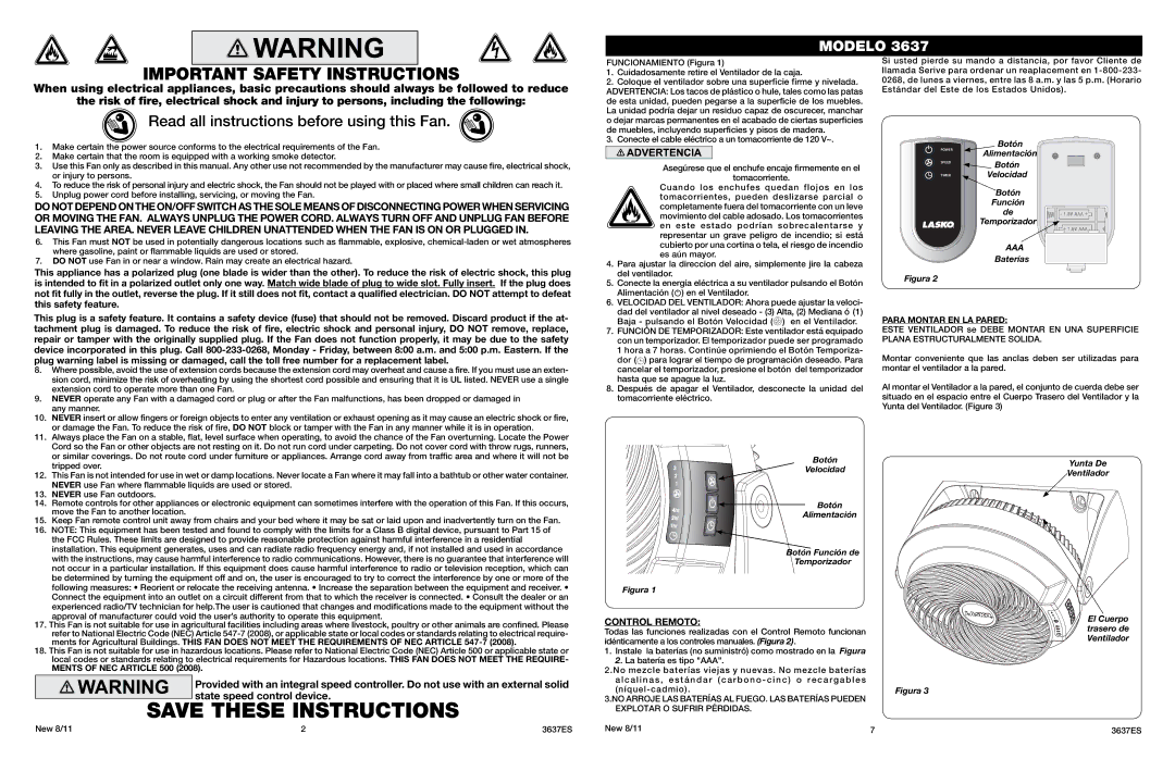 Lasko 3637 manual Control Remoto, Botón Velocidad Alimentación Botón Función de Temporizador, Botón Función Temporizador 