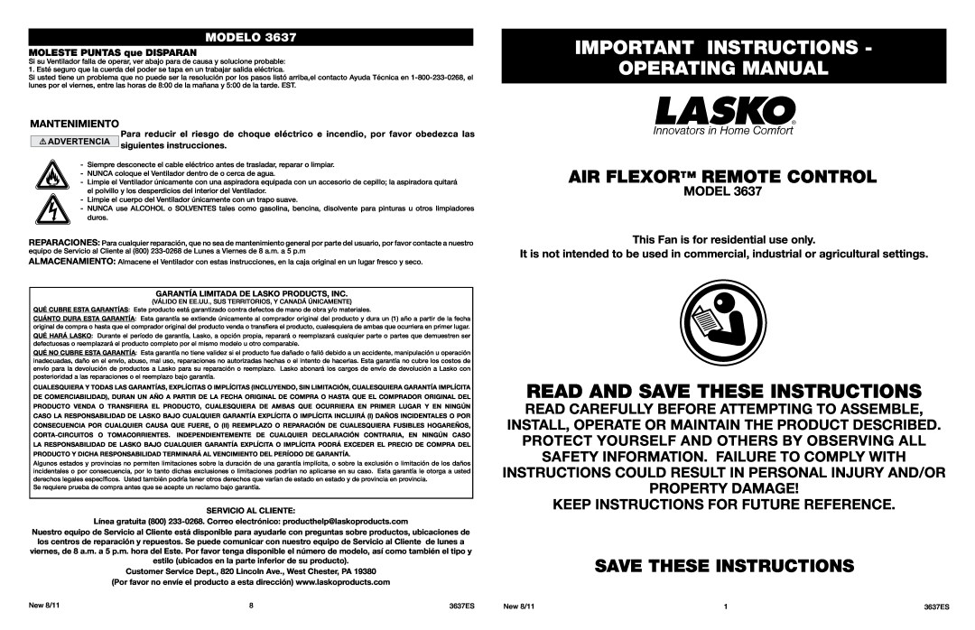 Lasko 3637 manual Important Instructions Operating Manual, Air Flexor Remote Control, Save These Instructions, Model 