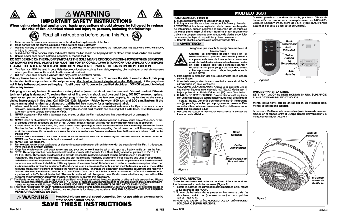 Lasko 3637 Save These Instructions, Important Safety Instructions, Read all instructions before using this Fan, Modelo 