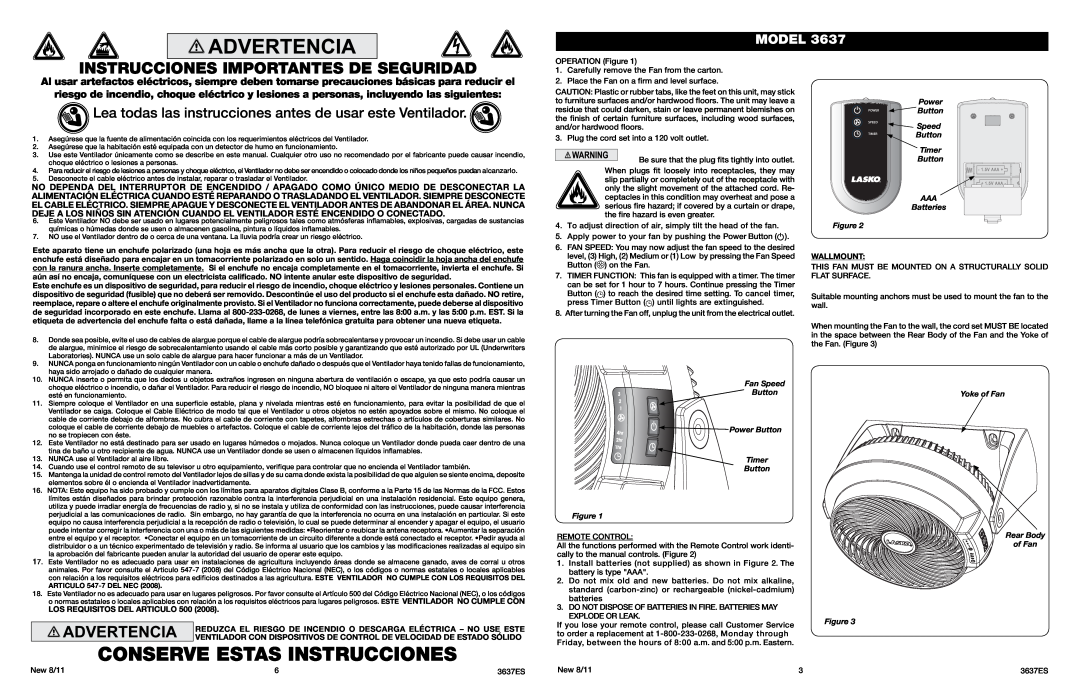 Lasko 3637 Conserve Estas Instrucciones, Lea todas las instrucciones antes de usar este Ventilador, Model, Power, Button 