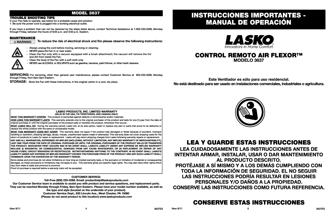 Lasko 3637 Instrucciones Importantes Manual De Operación, Control remoto Air Flexor, Lea Y Guarde Estas Instrucciones 