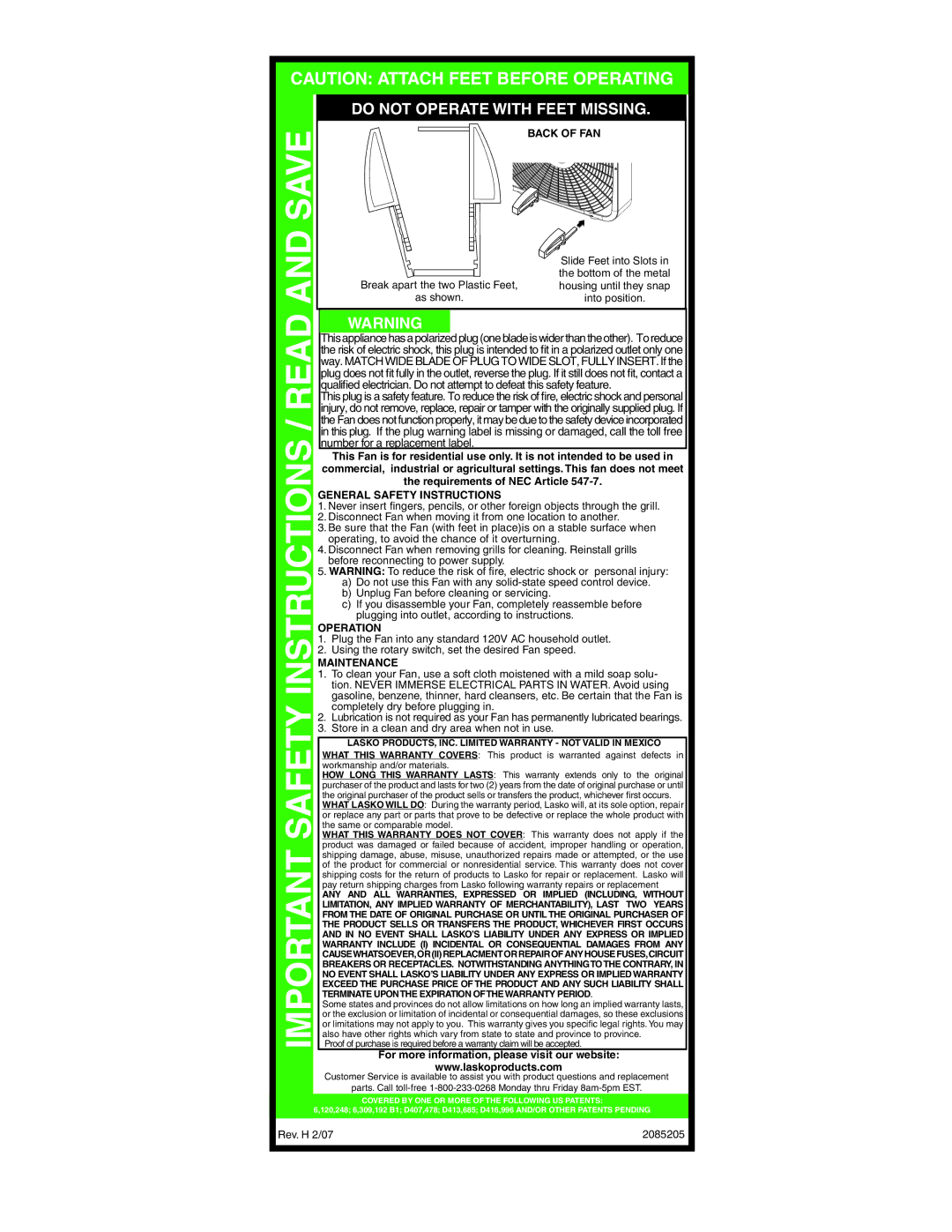 Lasko 3723 important safety instructions Back of FAN, General Safety Instructions, Operation, Maintenance 