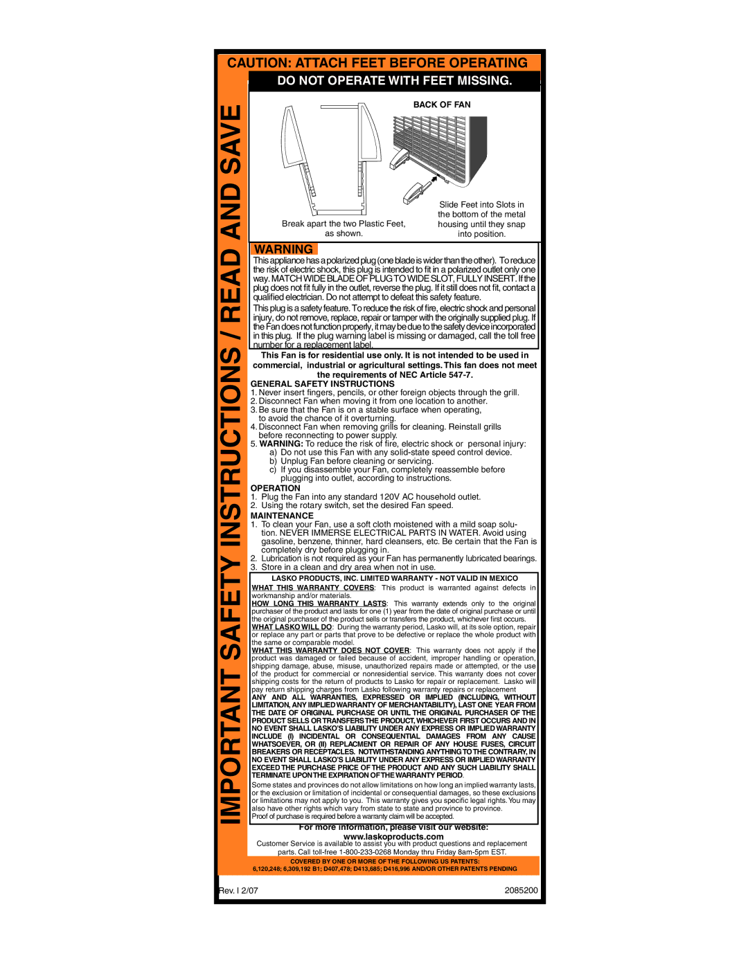 Lasko 3733 important safety instructions Important Safety Instructions / Read and Save, Do not Operate with Feet Missing 